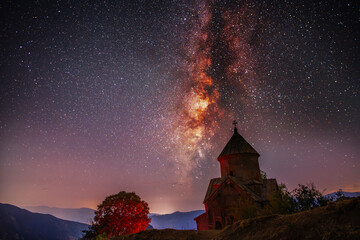 Wall Mural - Beautiful bright Milky Way galaxy old .church  Night sky astronomical background. 