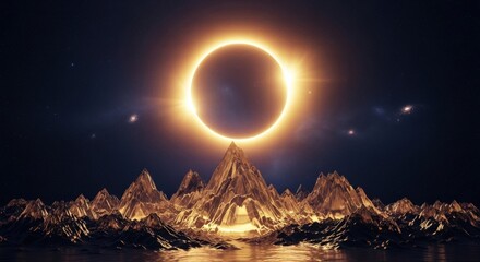 Celestial phenomenon of a total solar eclipse casting a radiant golden light over a surreal, mystical mountain range in a cosmic landscape