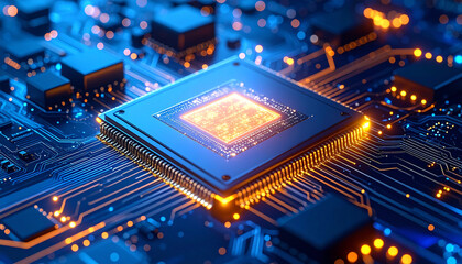 Digital Nexus: A detailed view of a computer processor showcases the core of modern technology, highlighting interconnected circuitry and intricate design in a vibrant composition.