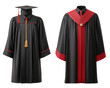 © Alice a. - Black graduation gown academic robe mortarboard cap red trim gold tassel formal attire education ceremony achievement isolated on transparency background