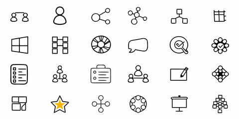 Hand drawn business icons showing collaboration, networking, planning and workflow in modern style