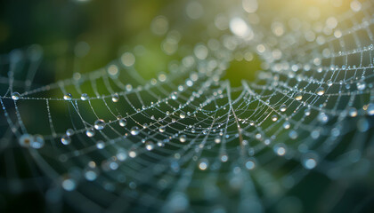 Spider web covered with morning dew drops in nature