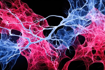 Abstract network of vibrant pink and light blue strands against a black backdrop