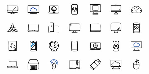 Modern tech icons computer laptop smartphone cloud globe USB drive printer mouse for business and digital concepts