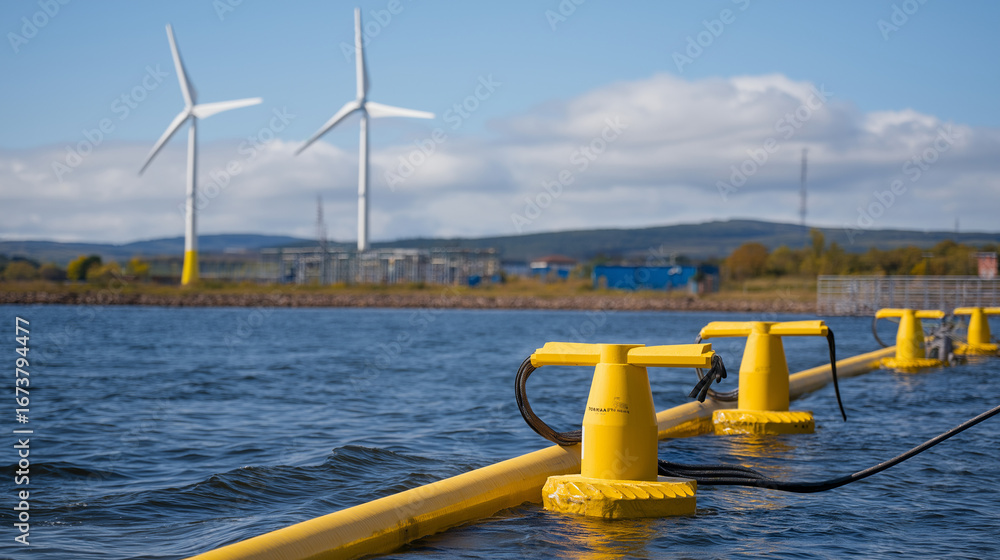 Tidal energy installation with underwater turbines marine power cables ...