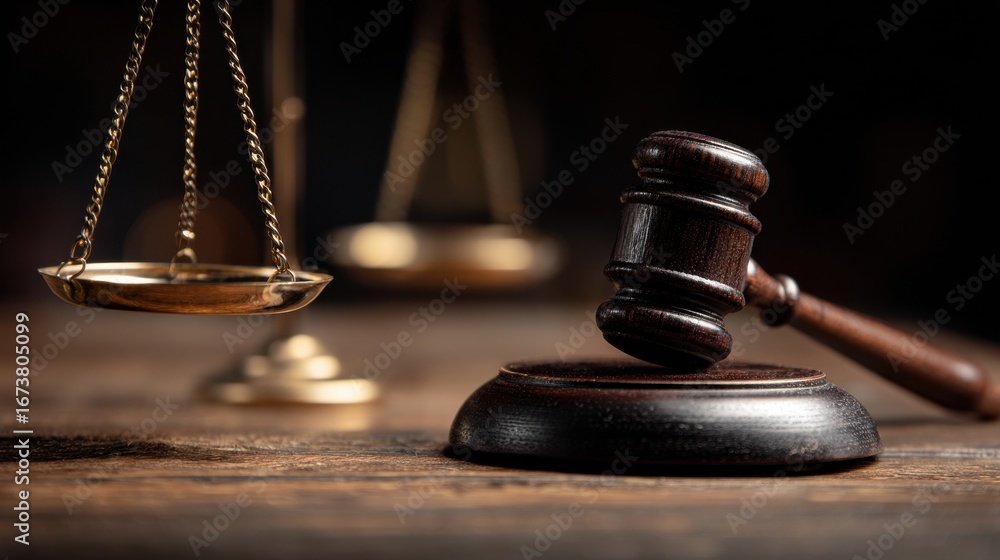 Wooden gavel and balance scale symbolizing justice and law in a ...