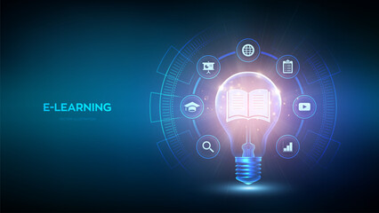 Education. E-learning. Light bulb with book icon inside. Innovative online education internet technology concept. Webinar, teaching, online training courses. Skill development. Vector illustration.