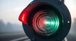 © StockShift - Close-up of a railway signal light showing both red and green illuminated, with blurred tracks in background