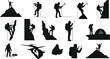 © CreativeArtist - Silhouettes of mountain climbers hiking, camping, rappelling, and scaling peaks, adventure trekking, mountaineering expedition, outdoor survival, alpine exploration