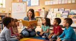 © Farhan - A smiling preschool teacher sits with a multiethnic group of children during story time in a cheerful classroom. A concept for inclusive and engaging early learning.