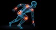 © Photographer - 3D rendering of a translucent human skeleton in a running pose with glowing red joints, illustrating pain or inflammation.