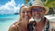 © Postproduction - Couple strolling on a vibrant tropical beach under bright skies.