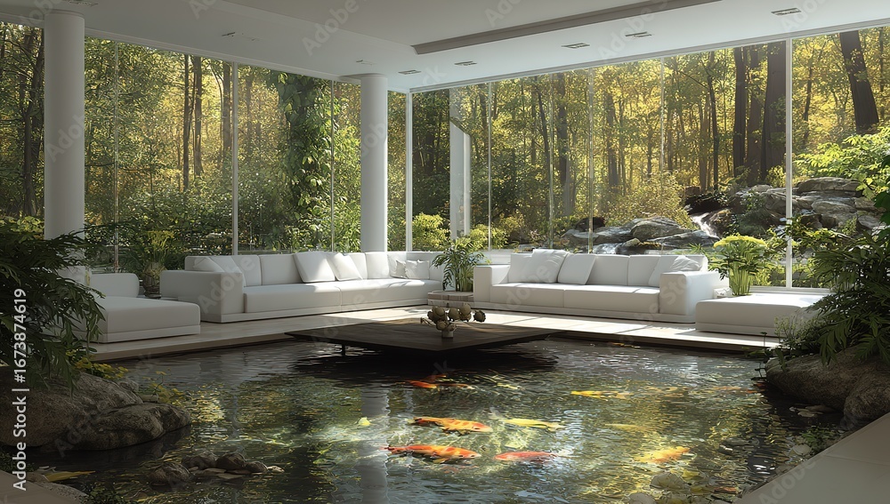 A large living room with white sofas, glass walls on all sides ...