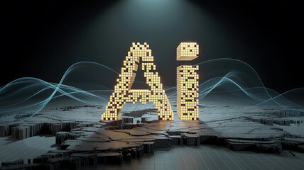 Golden AI letters on a digital landscape with blue energy streams concept for modern technology solutions