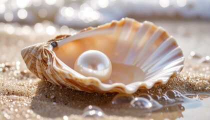 A close-up of a pearl resting in an open seashell on a sandy beach.
