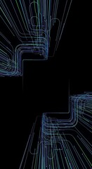 Symmetrical array of converging light streaks on stark black canvas