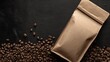 © andrew - A close-up of a brown paper bag, surrounded by coffee beans, on a dark textured surface