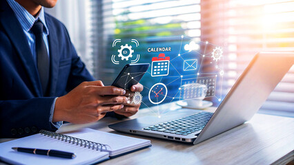 Businessman using a mobile phone and laptop with digital calendar and email icons, representing business communication and schedule management