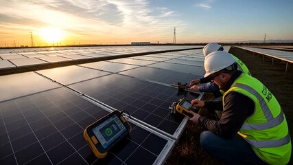 Solar Panel Inspection and Maintenance at Sunset - Ensuring Clean Energy Efficiency