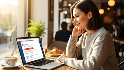 Woman using laptop for online communication in cafe - A young woman sits in a cafe, smiling as she reads an email or instant message on her laptop.