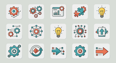 Conceptual colorful line icons depicting business processes and technology systems