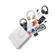 © Eman Suardi - Collection of modern electronic gadgets and accessories spilling from a shopping bag against a white backdrop