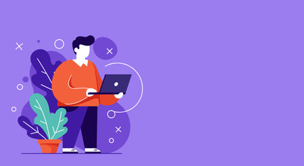 Creative man using laptop in a modern flat design illustration. Ideal for remote work, technology, or business concepts, with ample copy space.