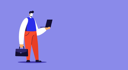 Professional man in flat style illustration holding a laptop and briefcase on a purple background, representing business, technology, and modern work.