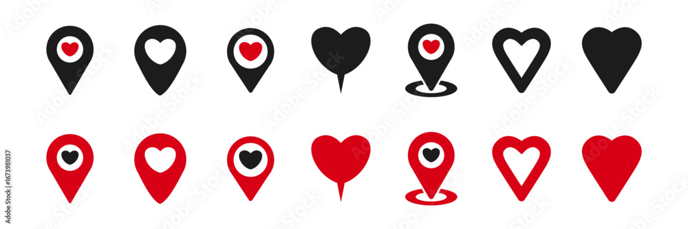 Map pointer red heart icon set. Heart shaped location pin symbol. Maps ...