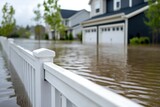 A suburban street is submerged under muddy brown floodwaters, with residential homes and a white fence partially covered.