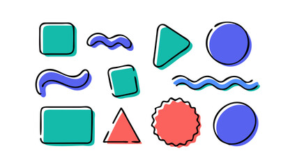 Whimsical crayon style shapes in teal purple and coral abstract background