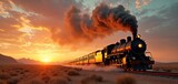 Vintage steam train travels through desert landscape at sunset. Smoke billows from locomotive against fiery sky. Warm glow from setting sun illuminates arid terrain. Classic transportation evoking