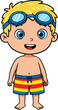 © W. Fernandez - Cute cartoon boy in swim trunks, wearing goggles, smiling character for summer vacation, beach, pool fun, kids illustration design