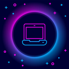 Wall Mural - Glowing neon line Laptop icon isolated on black background. Computer notebook with empty screen sign. Colorful outline concept. Vector