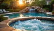 © Vadym - Luxurious backyard features sparkling swimming pool with rock waterfall, adjacent bubbling hot tub. Serene outdoor oasis perfect for summer relaxation, vacations, hydrotherapy. Enjoy warm sun,
