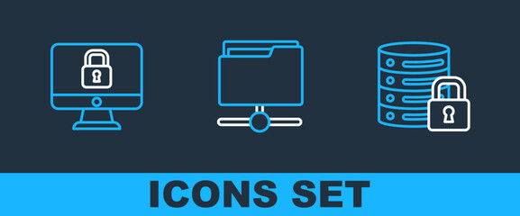 Wall Mural - Set line Server security with lock, Lock on computer monitor and FTP folder icon. Vector