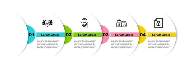 Wall Mural - Set line Cyber security, Lock and check mark, Credit card with lock and Document. Business infographic template. Vector