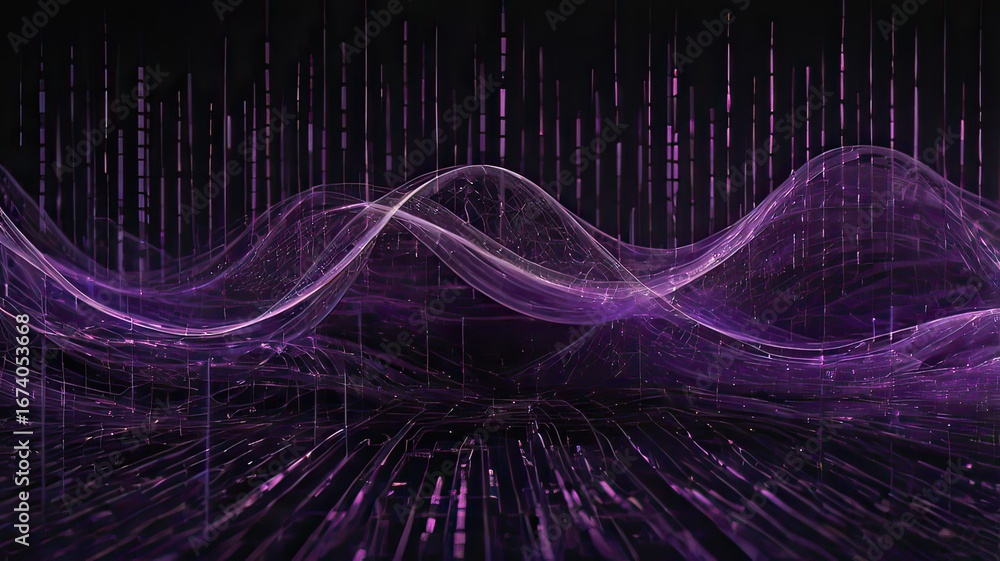 Colorful abstract wave patterns create a sense of motion against a dark ...