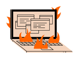 Hand drawn cute cartoon illustration of laptop on fire. Flat vector education or work device doodle. Deadline icon. Professional burnout. Freelance urgent order. Isolated.