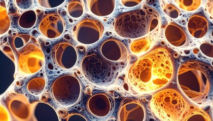 Abstract close-up of a porous, sponge-like structure with intricate holes and glowing orange light emanating from within.