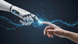 © Dividetogether - A 3D render of a humanoid robot hand and a human hand about to touch, with glowing digital energy connecting them. Concept of Human-AI partnership.