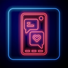 Wall Mural - Glowing neon Smartphone with heart emoji speech bubble get message on screen icon isolated on blue background. Valentines day. Vector