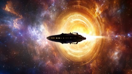 Wall Mural - A spaceship approaches a glowing wormhole in deep space, captured from a wide-angle perspective, creating a cinematic sci-fi video scene. Live desktop wallpaper.