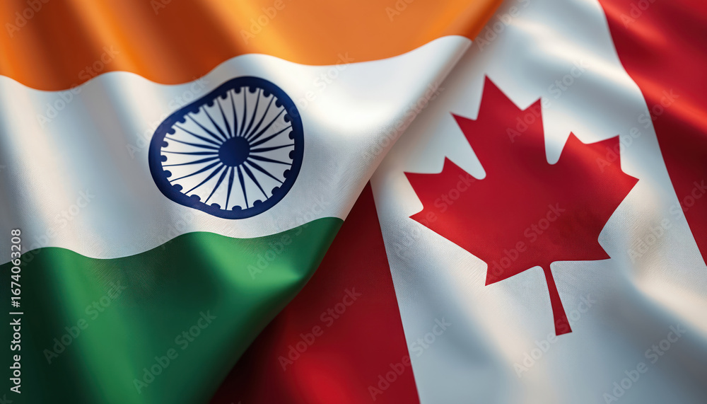India, Canada flags intertwined. Strong bilateral relations, partnership, cooperation between two nations. Represents international trade, diplomacy, defense, cultural exchange, fostering unity,