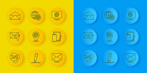 Wall Mural - Set line Telephone 24 hours support, Envelope, Location and mail and e-mail, Phone graphic tablet, Mail and Earth globe with icon. Vector