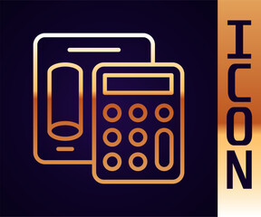 Wall Mural - Gold line Calculator icon isolated on black background. Accounting symbol. Business calculations mathematics education and finance. Vector
