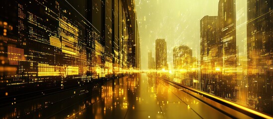 Wall Mural - Futuristic golden city street at night, reflecting lights on wet pavement.