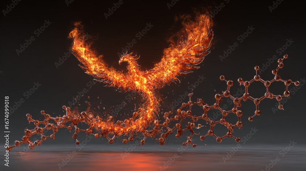 Phoenix Structure Fire Molecular structure morphing into a fiery phoenix rising from scaled ...