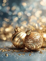 Wall Mural - merry christmas and happy new year greeting card with golden ornaments and bokeh
