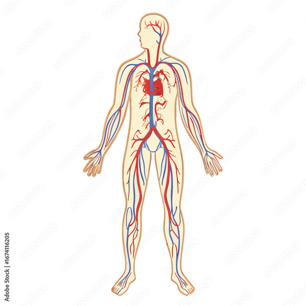 Human circulatory system anatomical diagram with red arteries and blue ...